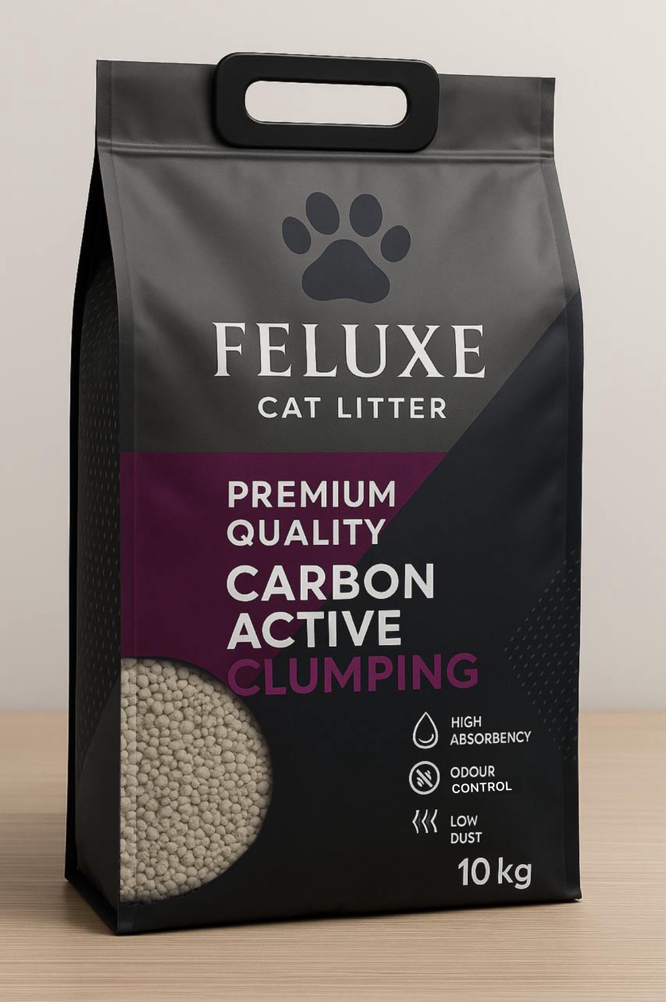 black and purple bag of FELUXE Activated Charcoal cat litter for superior odor control