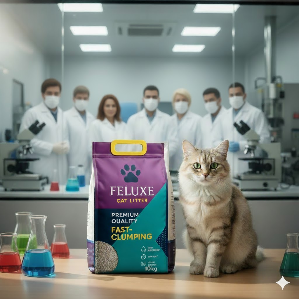 FELUXE cat litter undergoing laboratory quality and safety testing